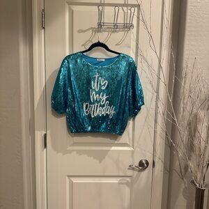 Sequin 'It's My Birthday' Blouse - Blue